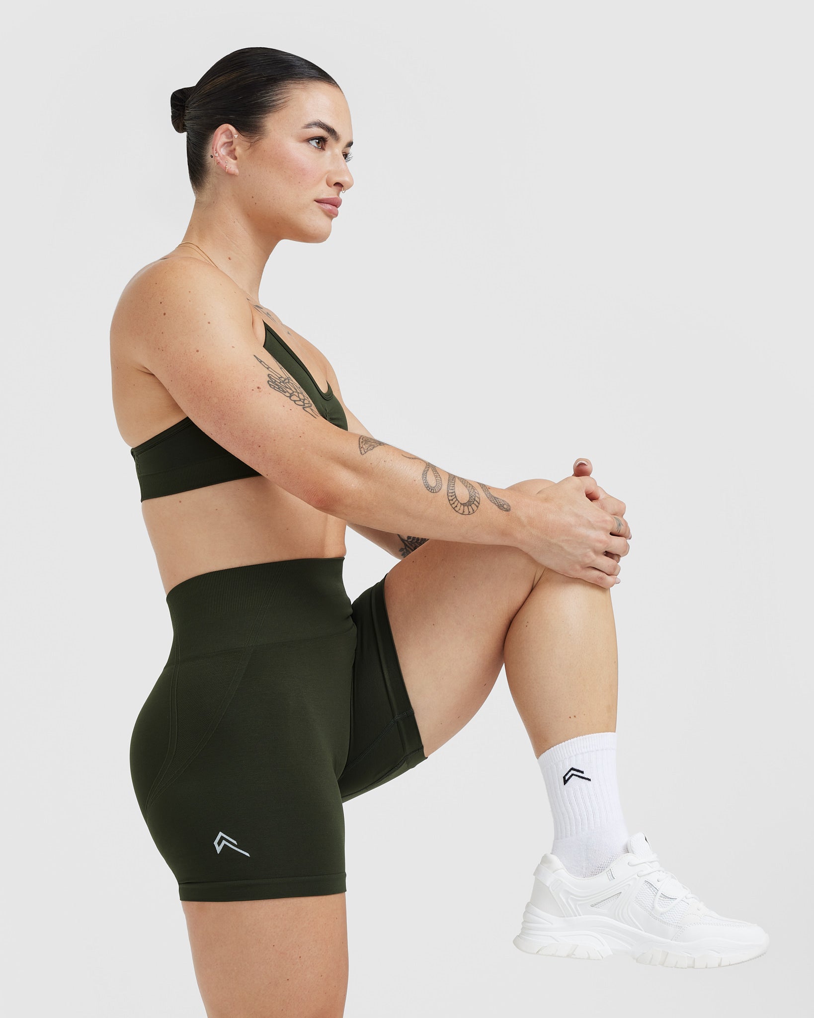 EffortlessLift Seamless Shorts with White Logo | Khaki - Image 6