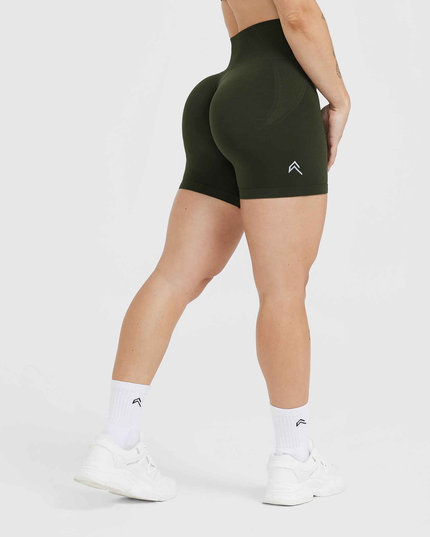 EffortlessLift Seamless Shorts with White Logo | Khaki - Image 2