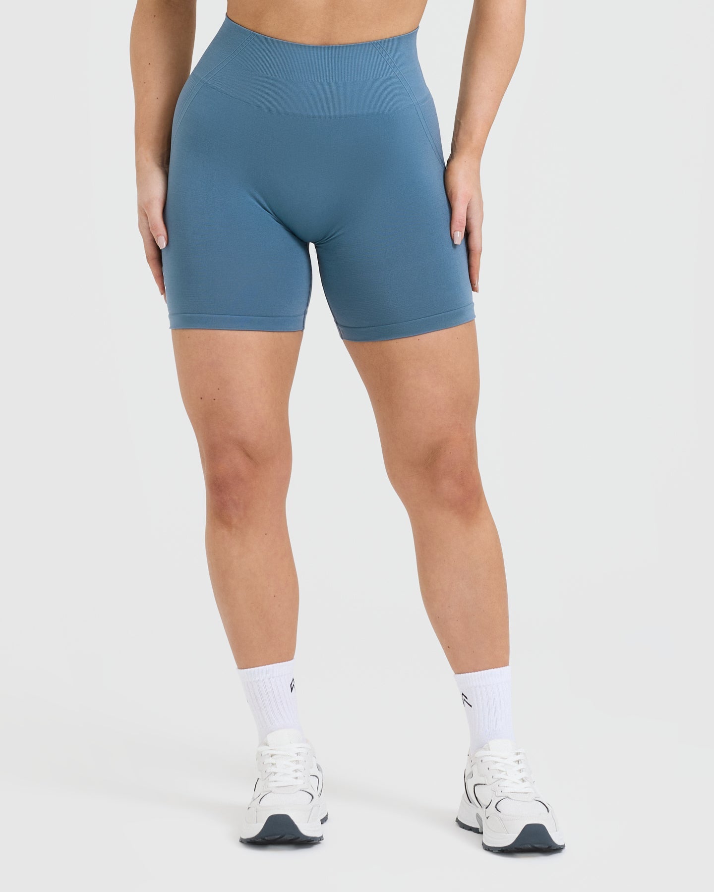 EffortlessLift Seamless Shorts with White Logo | Moonstone Blue