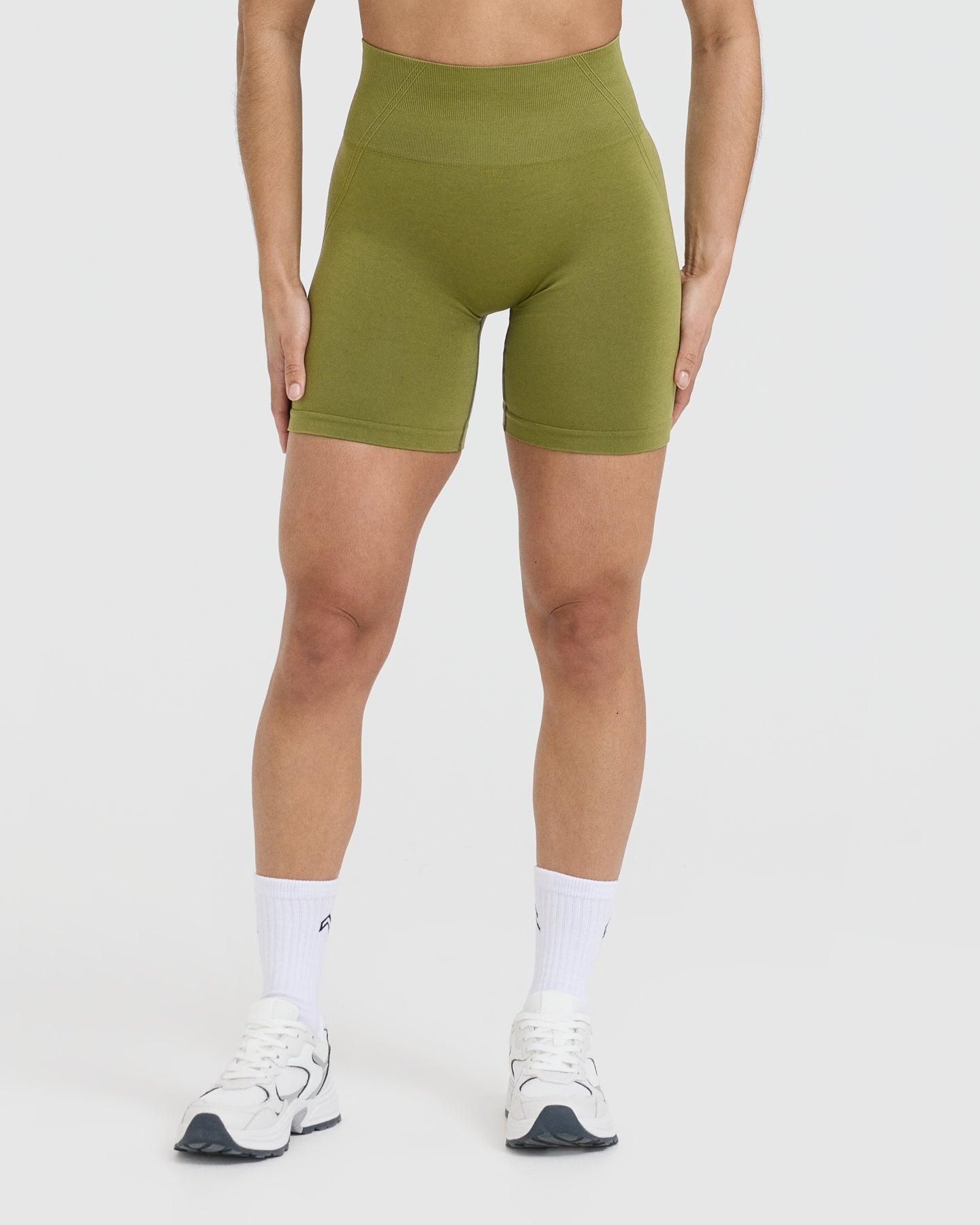 EffortlessLift Seamless Shorts with White Logo | Olive Green