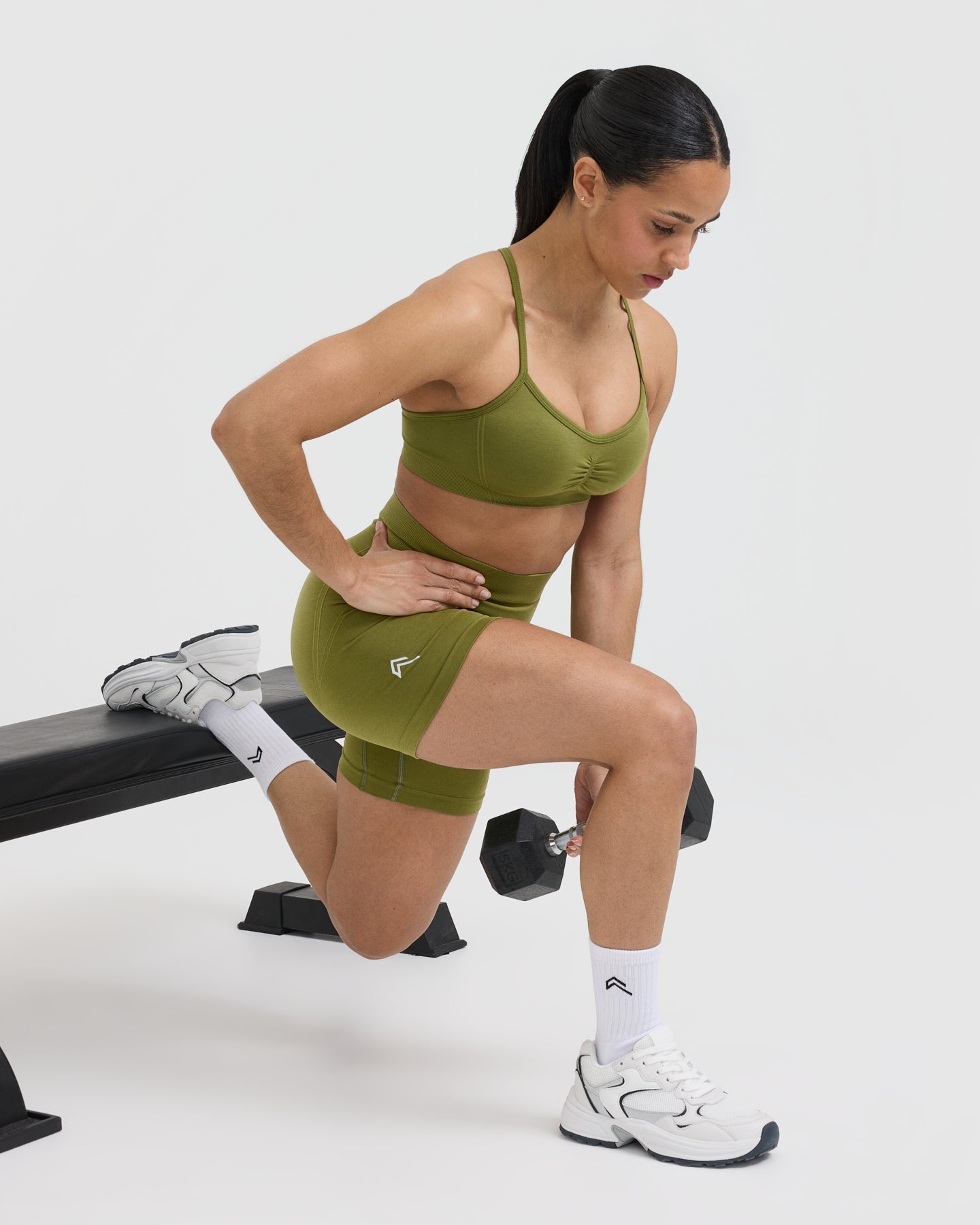 EffortlessLift Seamless Shorts with White Logo | Olive Green - Image 6