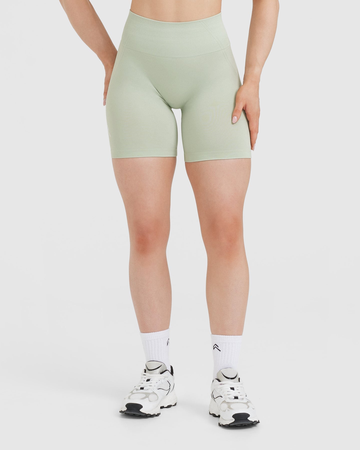 EffortlessLift Seamless Shorts with White Logo | Tea Green