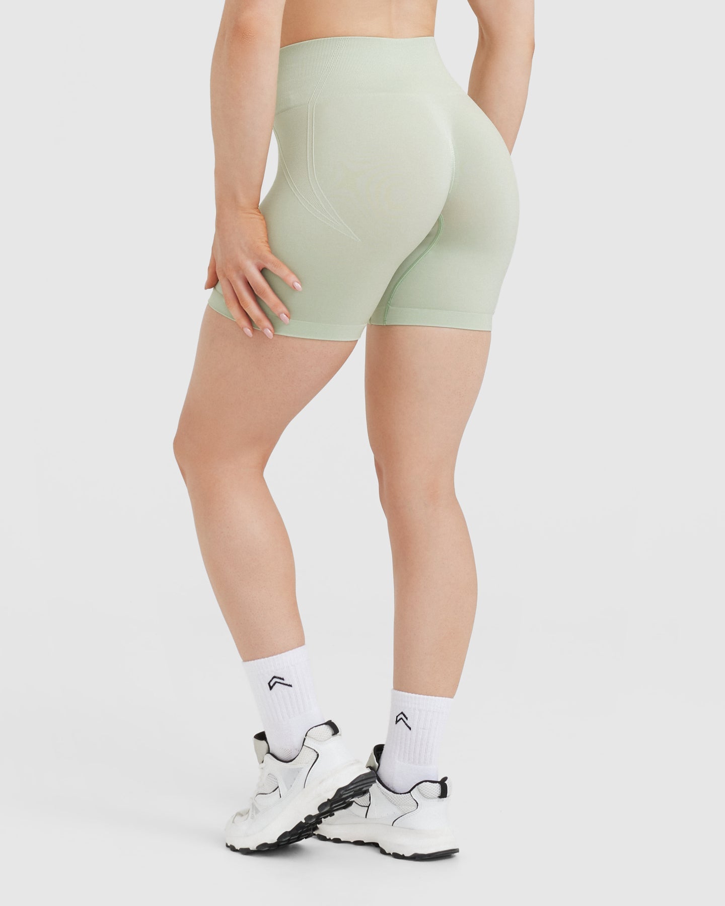 EffortlessLift Seamless Shorts with White Logo | Tea Green - Image 2