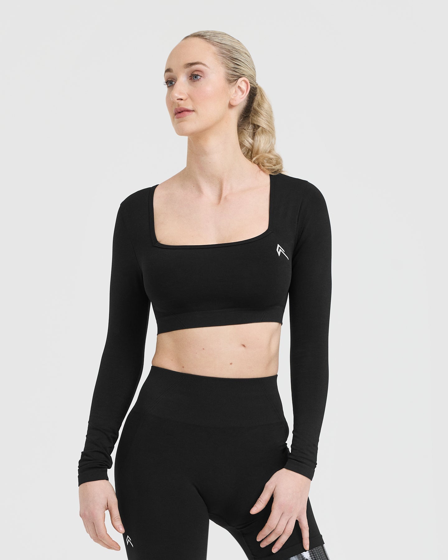 EffortlessLift Square Neck Crop Long Sleeve Top with White Logo | Black