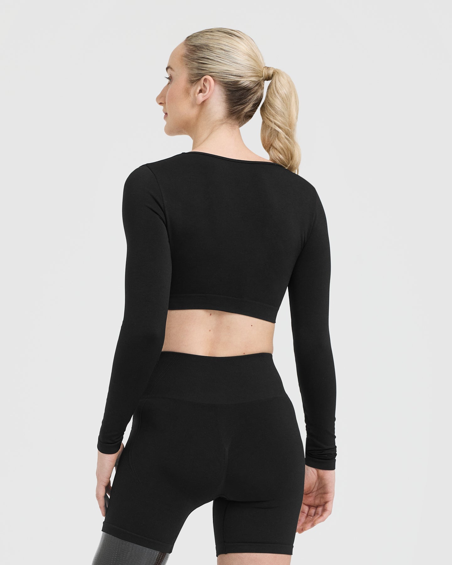 Alternative view of EffortlessLift Square Neck Crop Long Sleeve Top with White Logo | Black