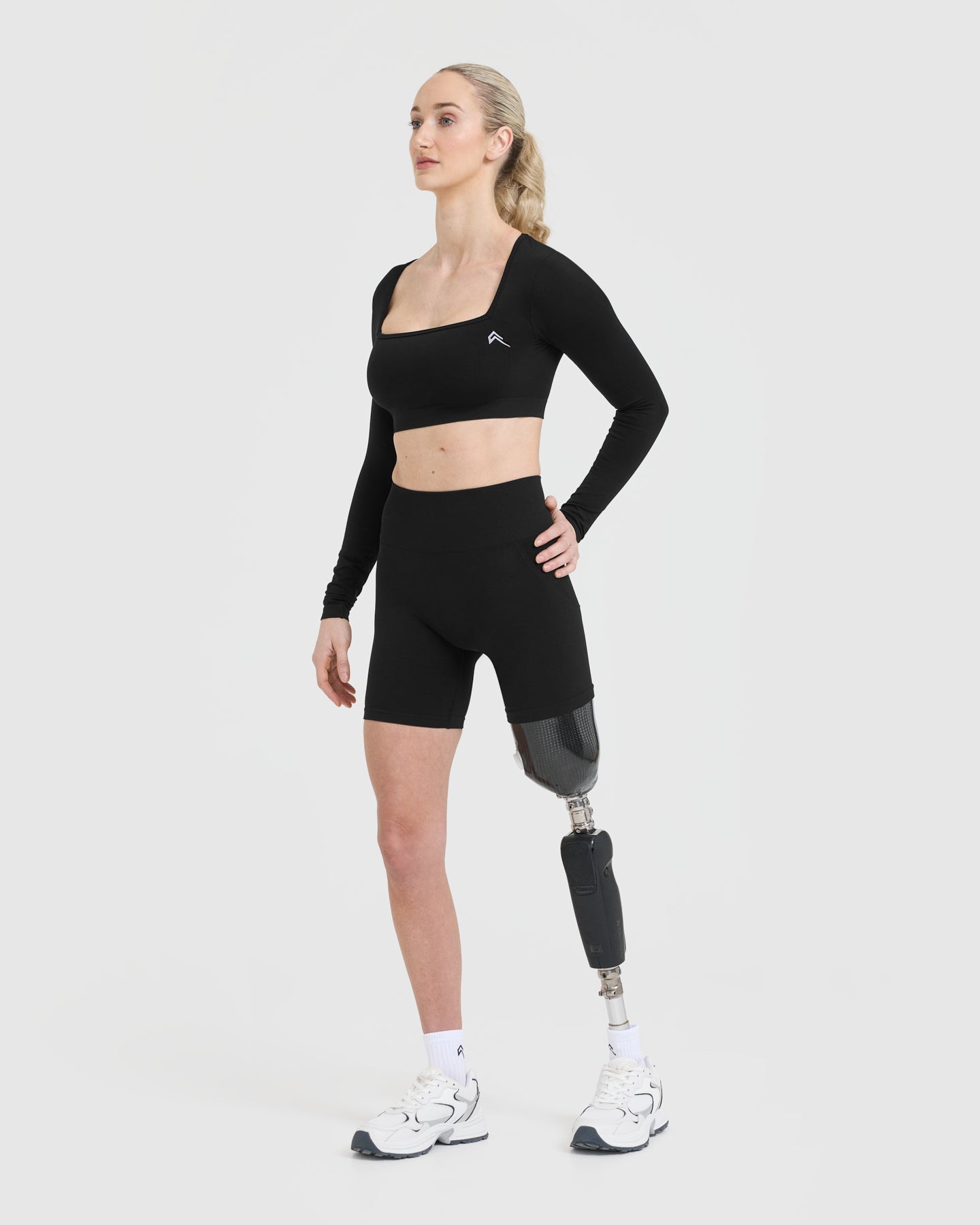 EffortlessLift Square Neck Crop Long Sleeve Top with White Logo | Black - Image 3