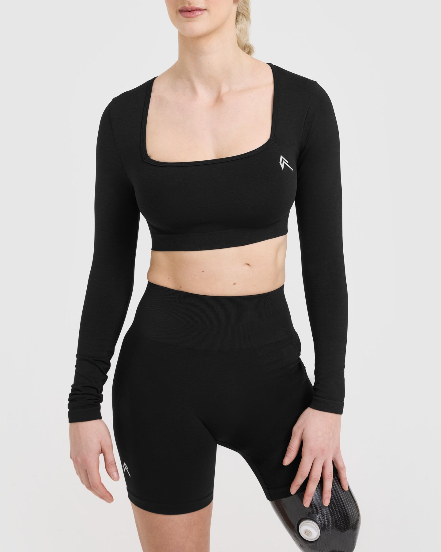 EffortlessLift Square Neck Crop Long Sleeve Top with White Logo | Black - Image 4