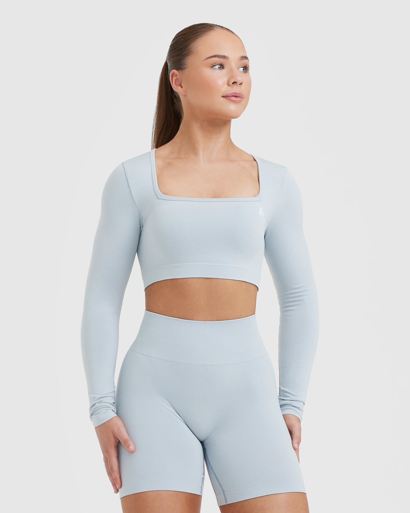 EffortlessLift Square Neck Crop Long Sleeve Top with White Logo | Ice Blue