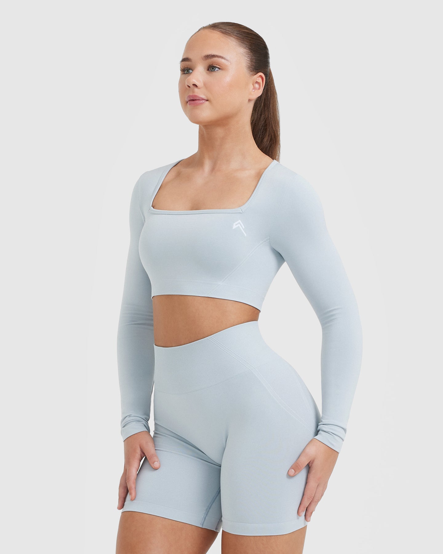 EffortlessLift Square Neck Crop Long Sleeve Top with White Logo | Ice Blue - Image 3