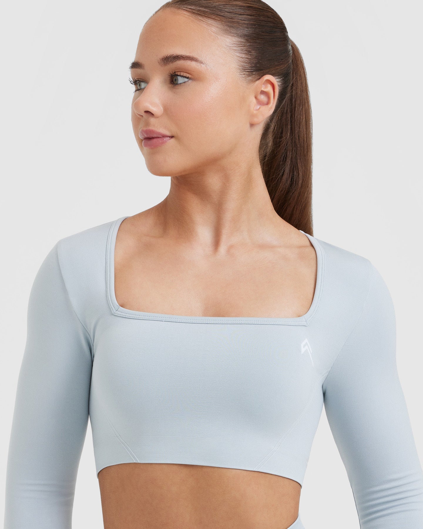 EffortlessLift Square Neck Crop Long Sleeve Top with White Logo | Ice Blue - Image 4