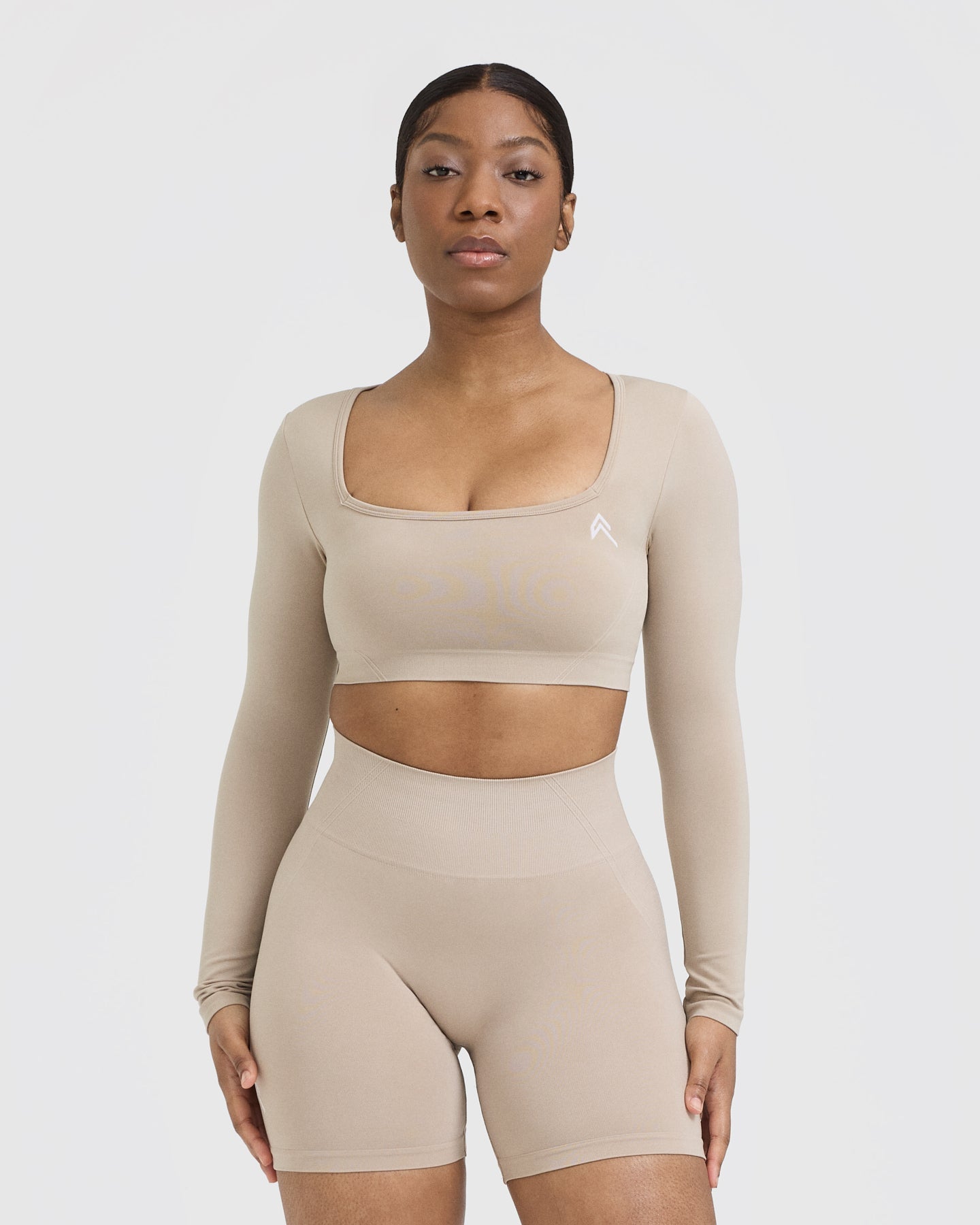 EffortlessLift Square Neck Crop Long Sleeve Top with White Logo | Mushroom Brown