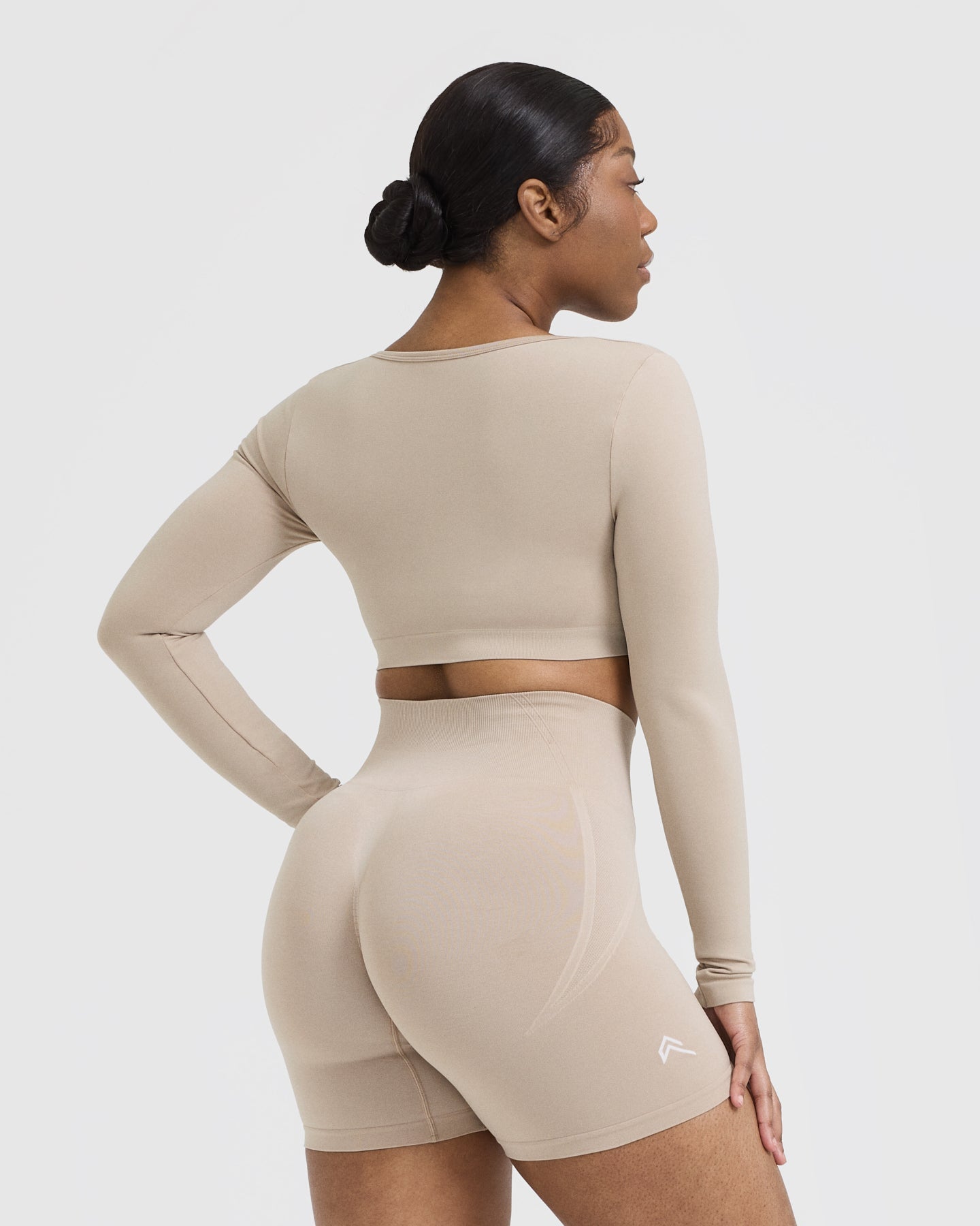 Alternative view of EffortlessLift Square Neck Crop Long Sleeve Top with White Logo | Mushroom Brown