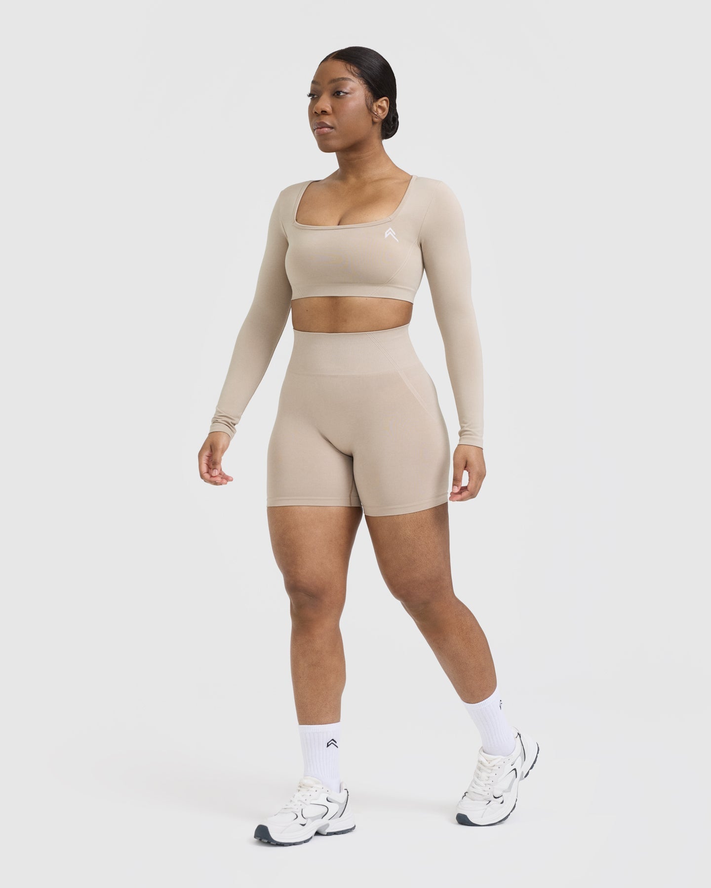 EffortlessLift Square Neck Crop Long Sleeve Top with White Logo | Mushroom Brown - Image 3