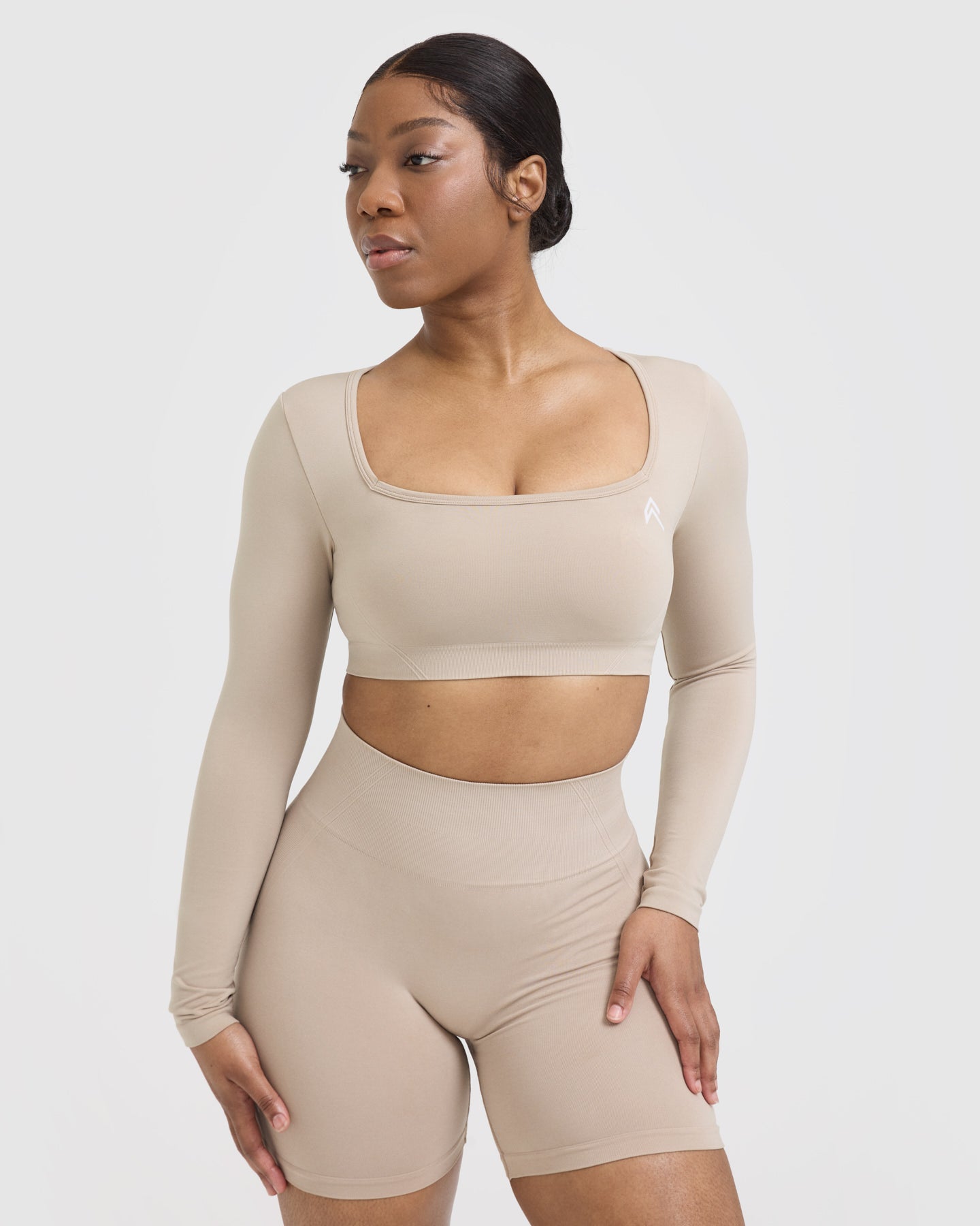 EffortlessLift Square Neck Crop Long Sleeve Top with White Logo | Mushroom Brown - Image 4