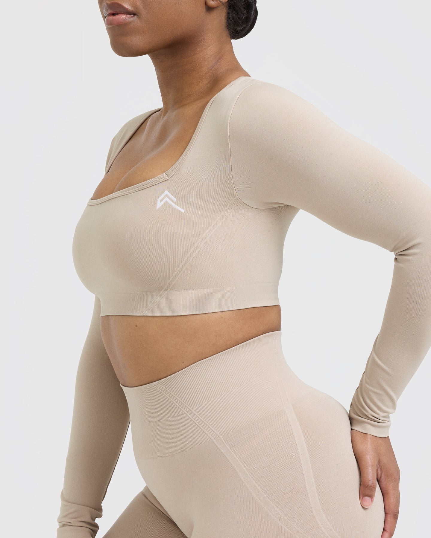 EffortlessLift Square Neck Crop Long Sleeve Top with White Logo | Mushroom Brown - Image 5