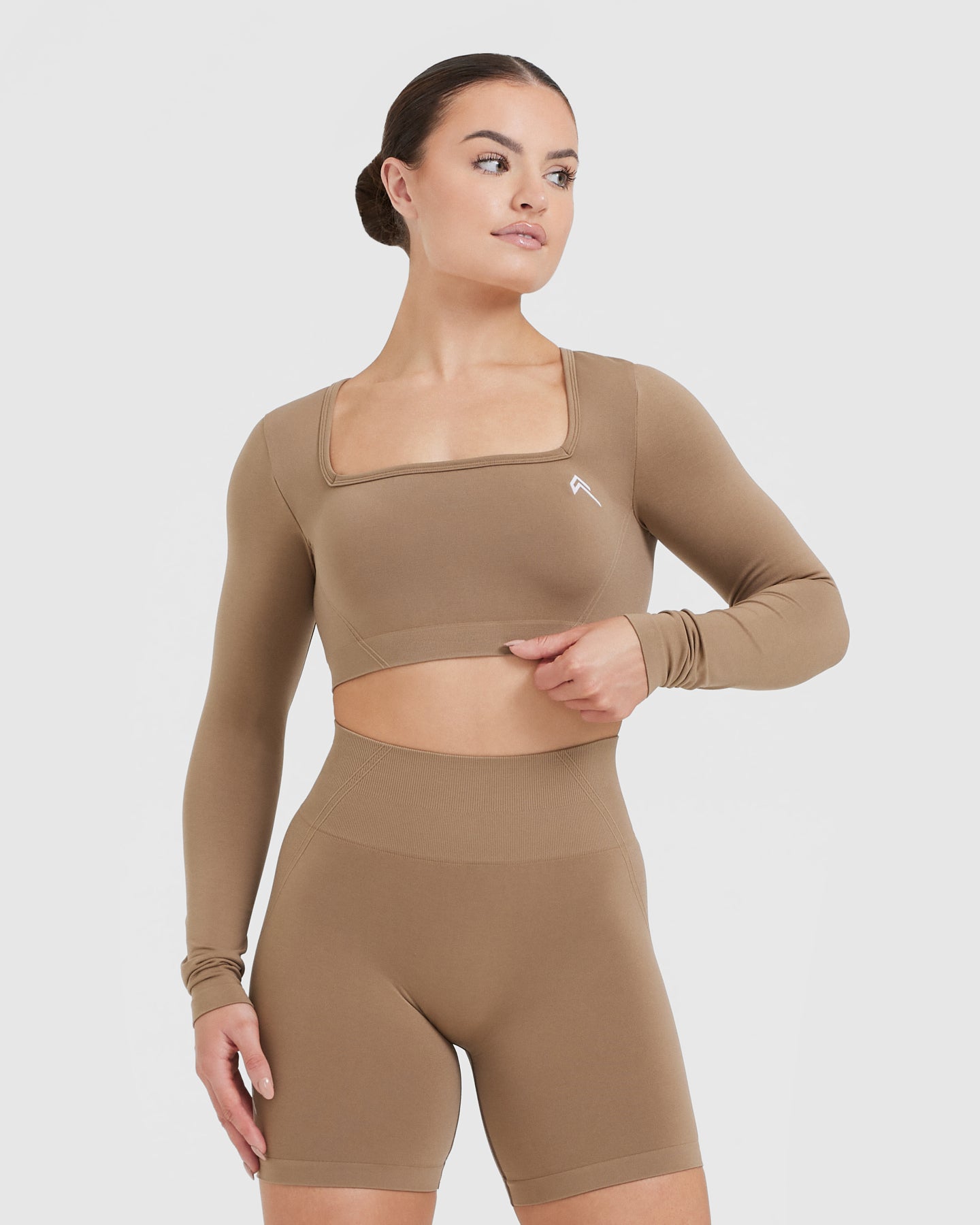 EffortlessLift Square Neck Crop Long Sleeve Top with White Logo | Walnut