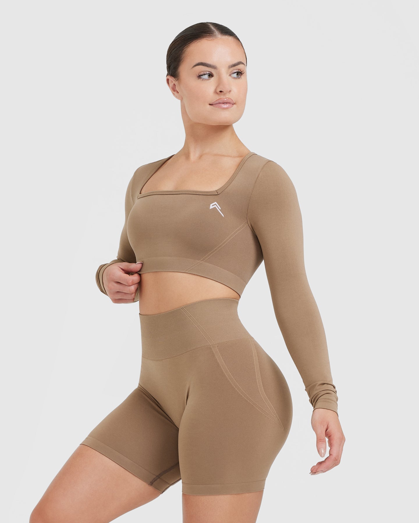 EffortlessLift Square Neck Crop Long Sleeve Top with White Logo | Walnut - Image 3