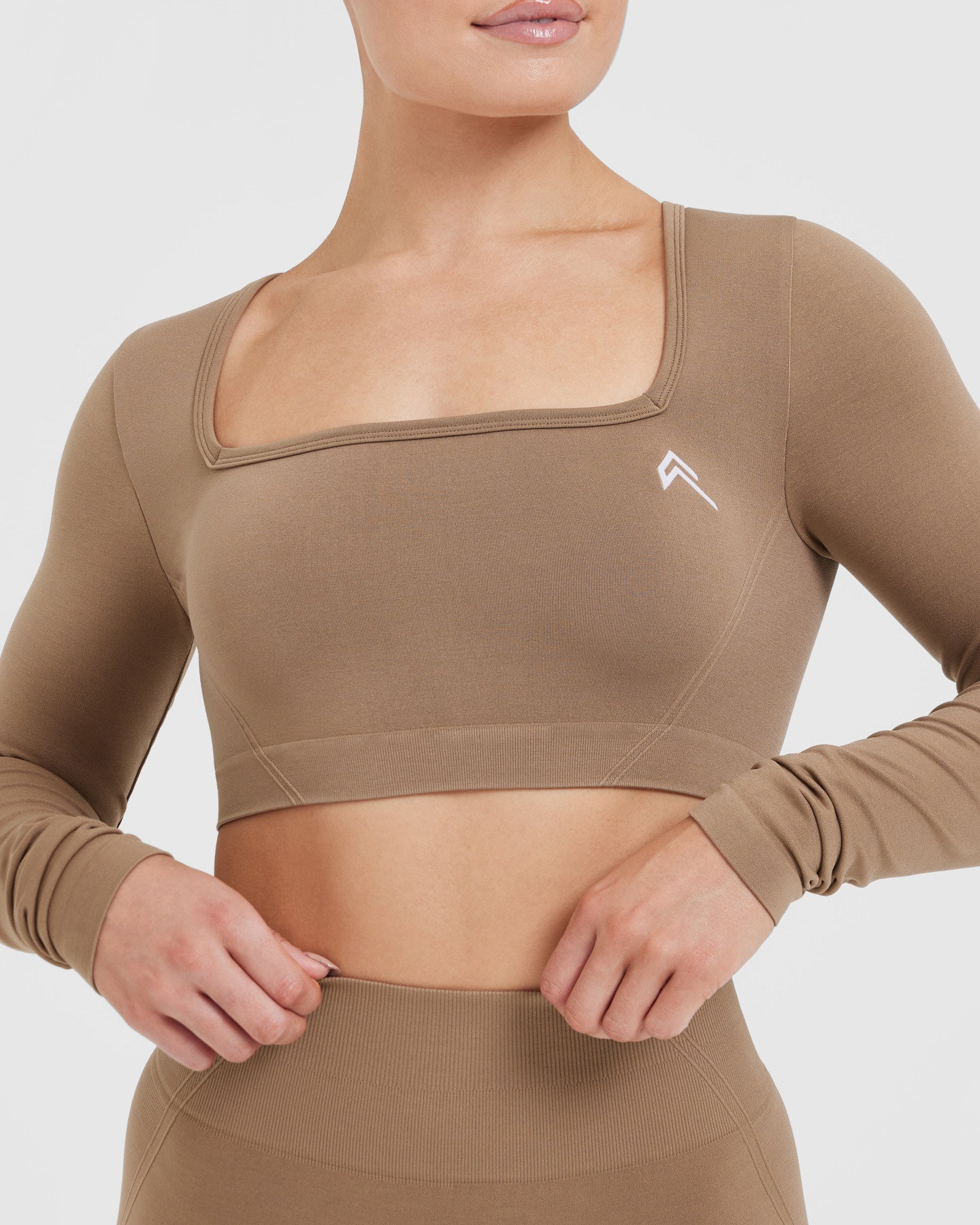 EffortlessLift Square Neck Crop Long Sleeve Top with White Logo | Walnut - Image 4