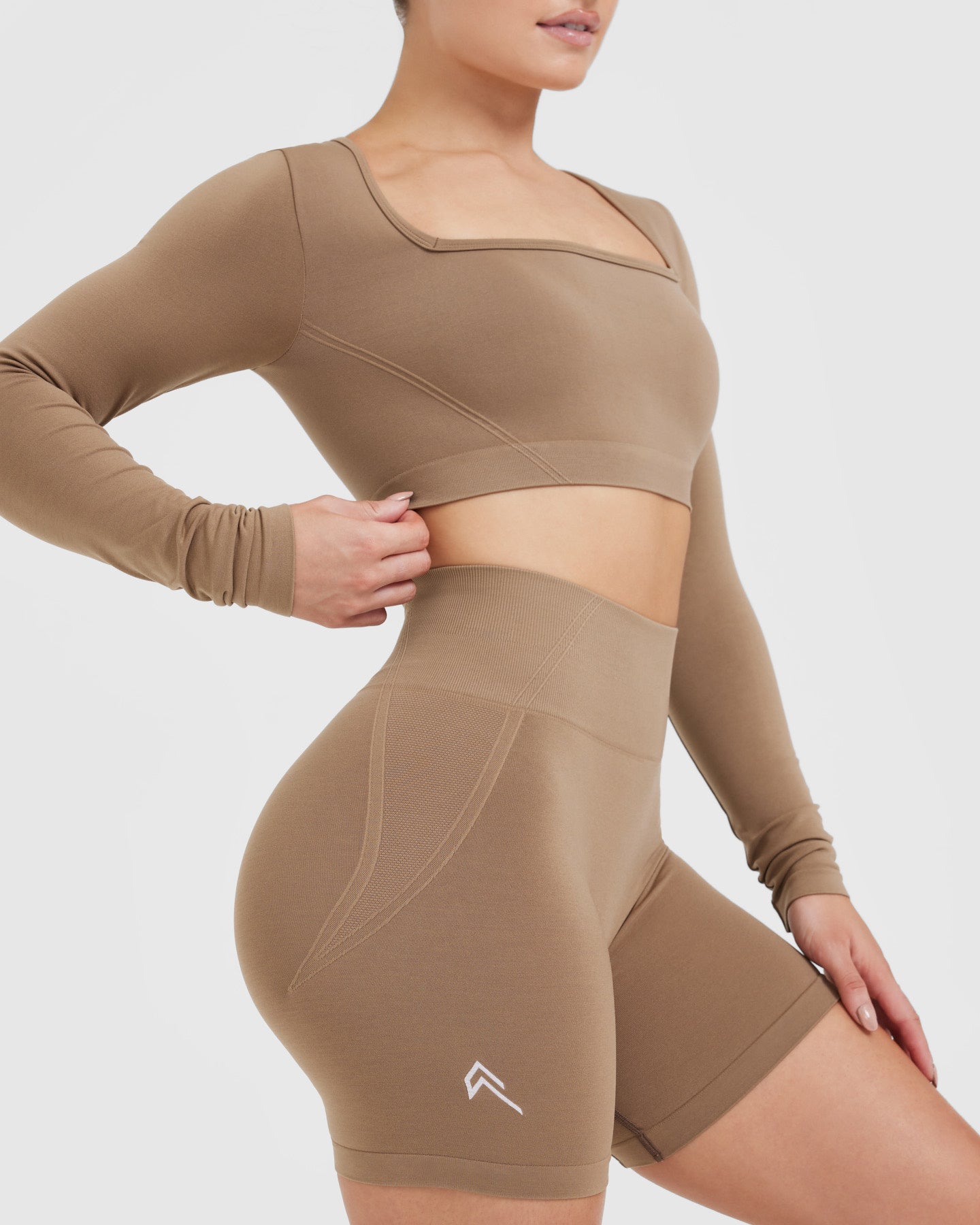 EffortlessLift Square Neck Crop Long Sleeve Top with White Logo | Walnut - Image 5