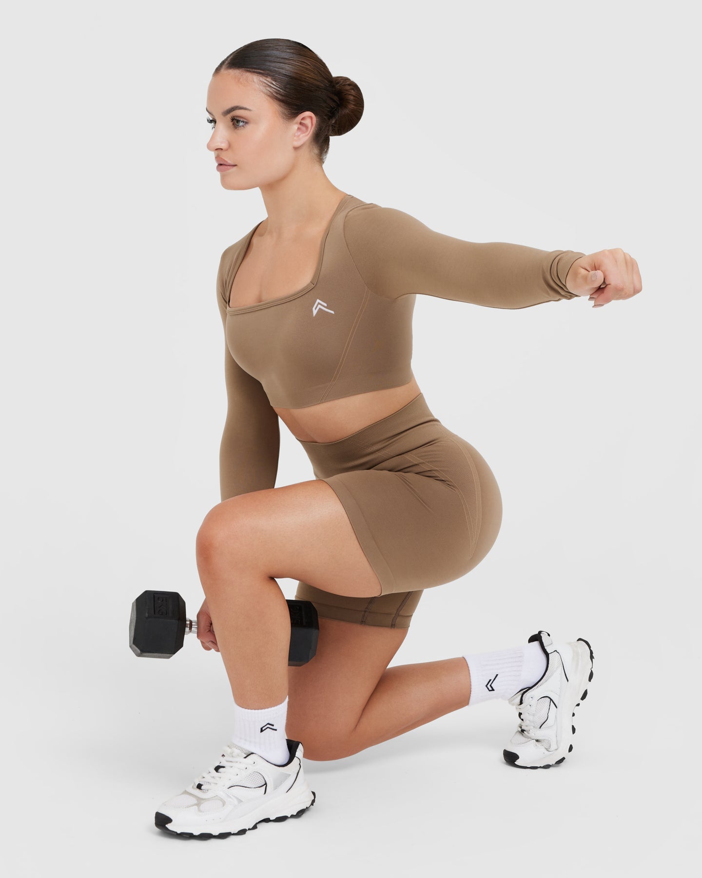 EffortlessLift Square Neck Crop Long Sleeve Top with White Logo | Walnut - Image 6