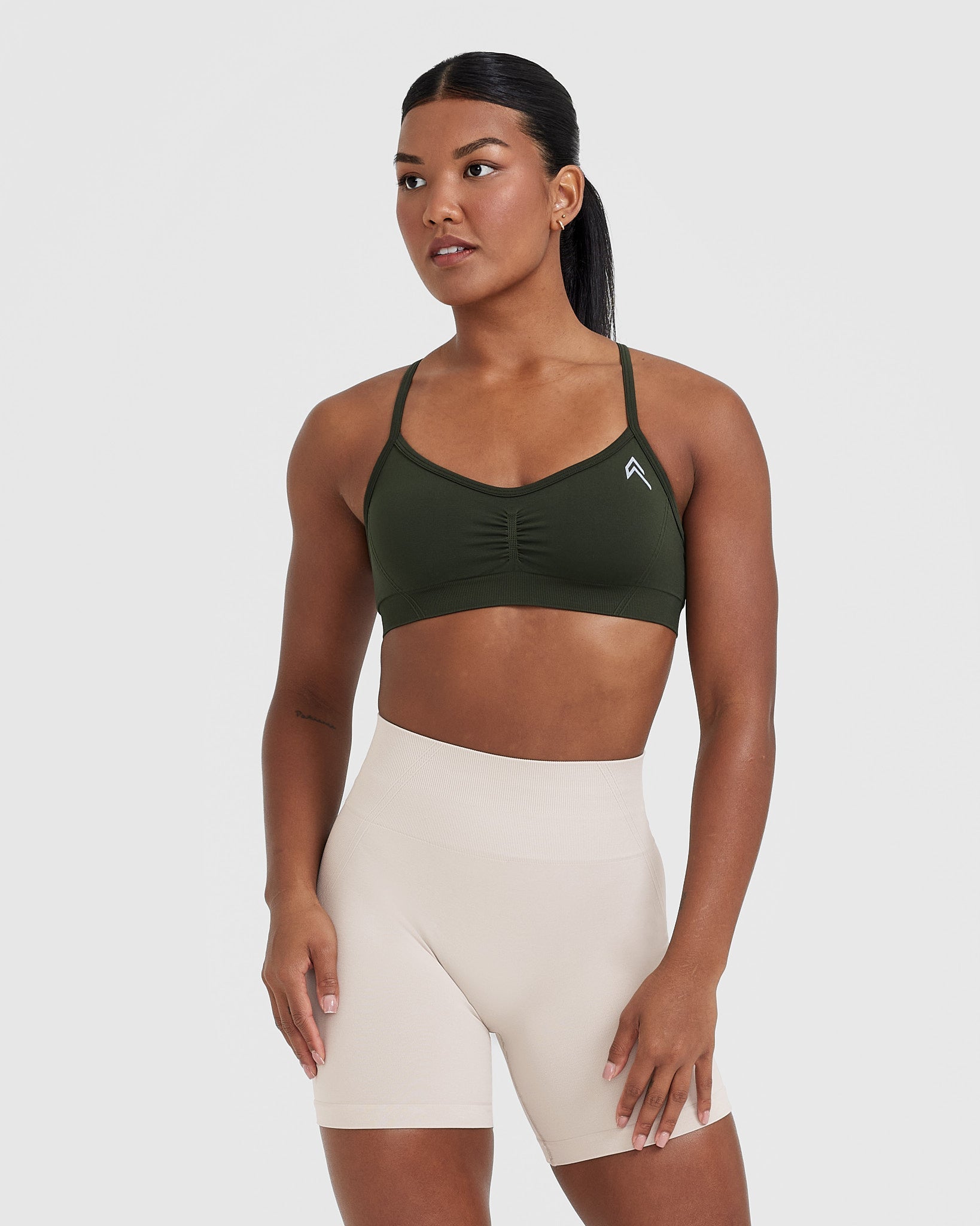 EffortlessLift Strappy Bralette with White Logo | Khaki