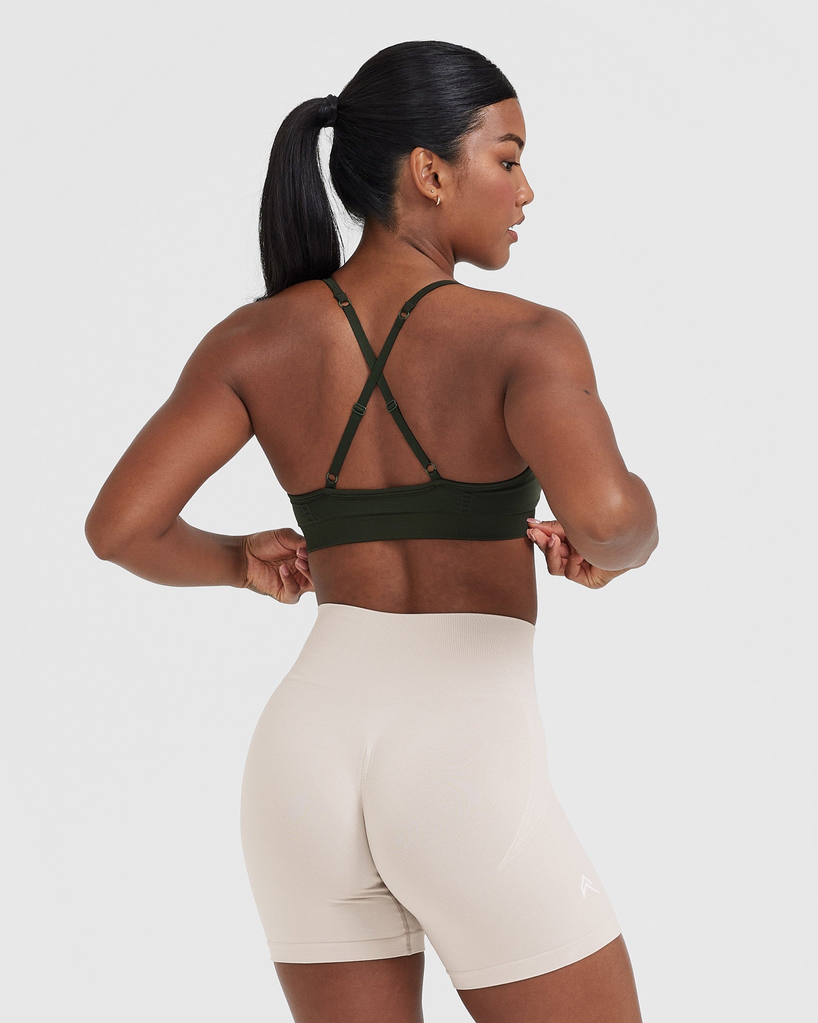 Alternative view of EffortlessLift Strappy Bralette with White Logo | Khaki
