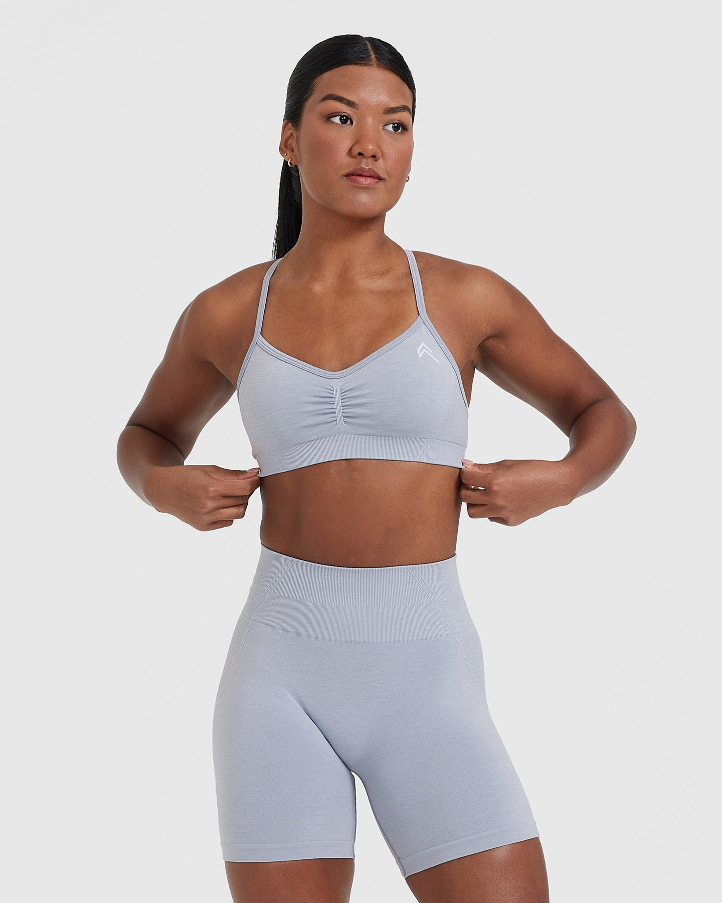EffortlessLift Strappy Bralette with White Logo | Metal Grey