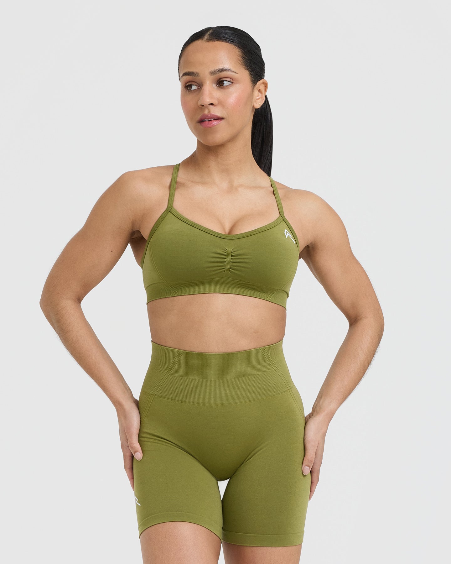 EffortlessLift Strappy Bralette with White Logo | Olive Green