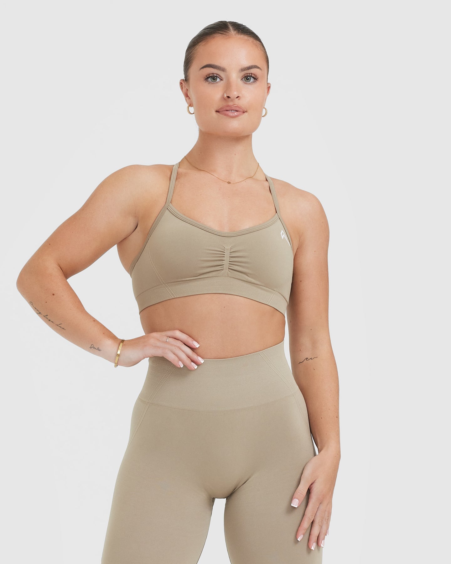 EffortlessLift Strappy Bralette with White Logo | Washed Sandstone