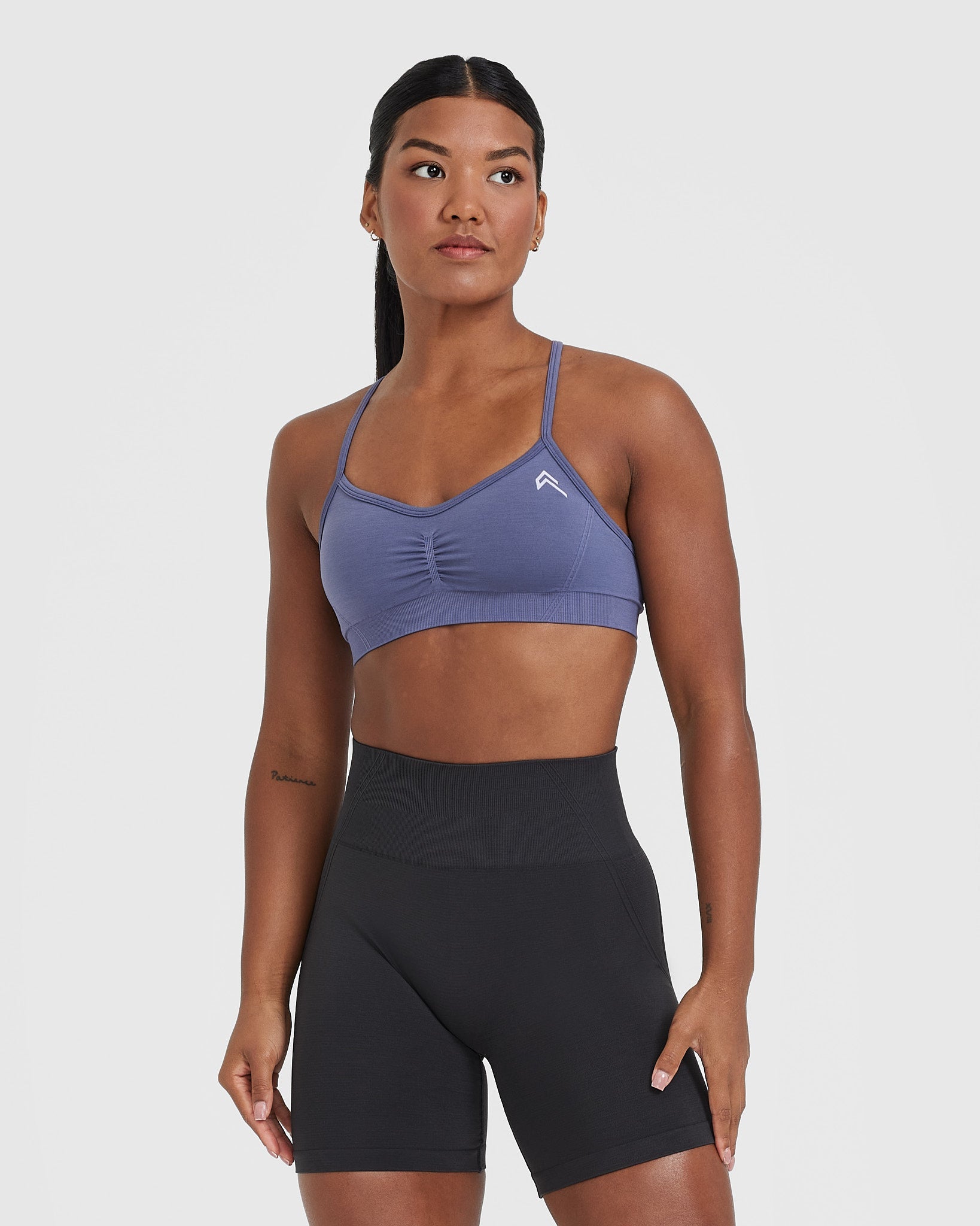 EffortlessLift Strappy Bralette with White Logo | Slate Blue