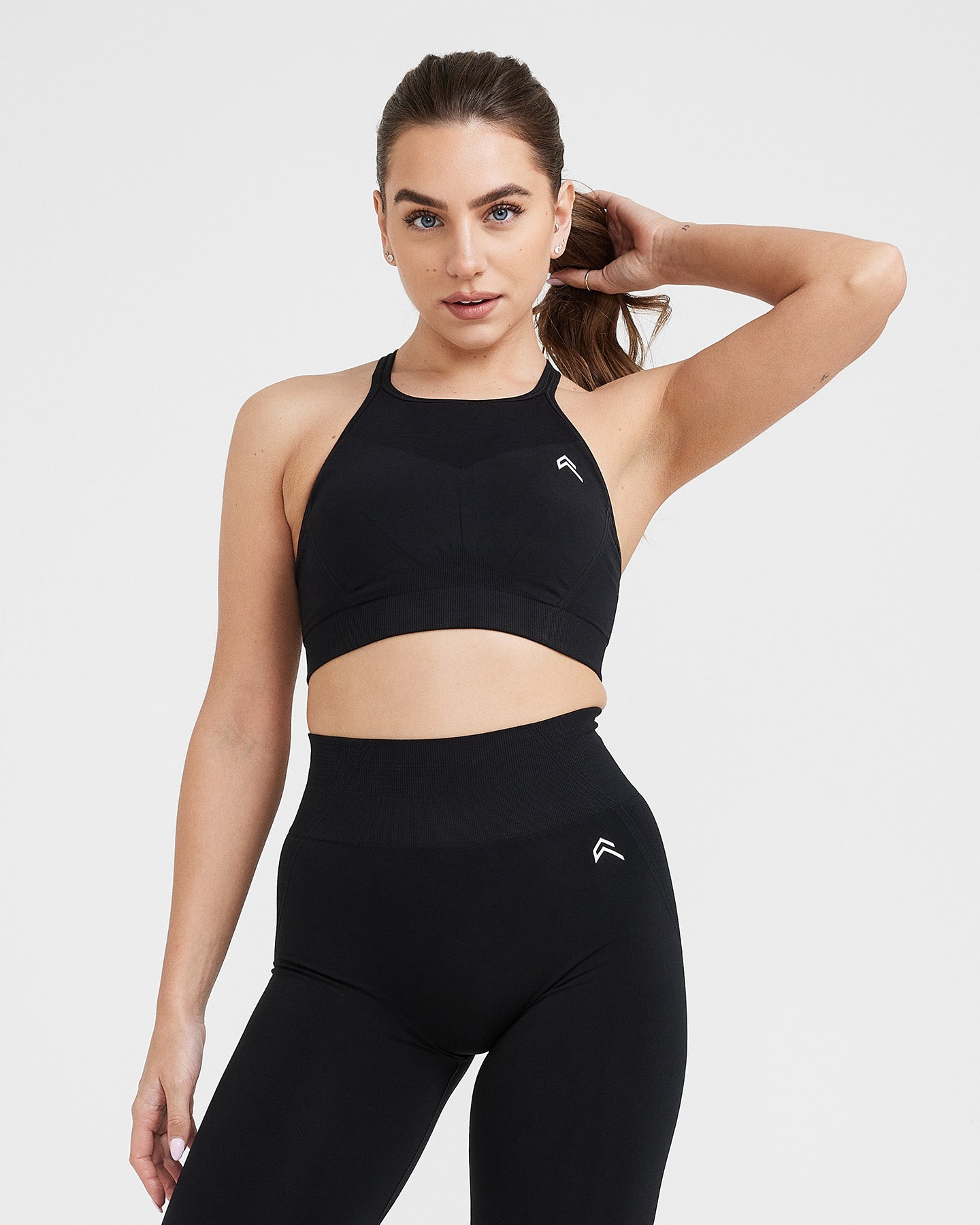 EffortlessLift Seamless High Neck Bralette with White Logo | Black
