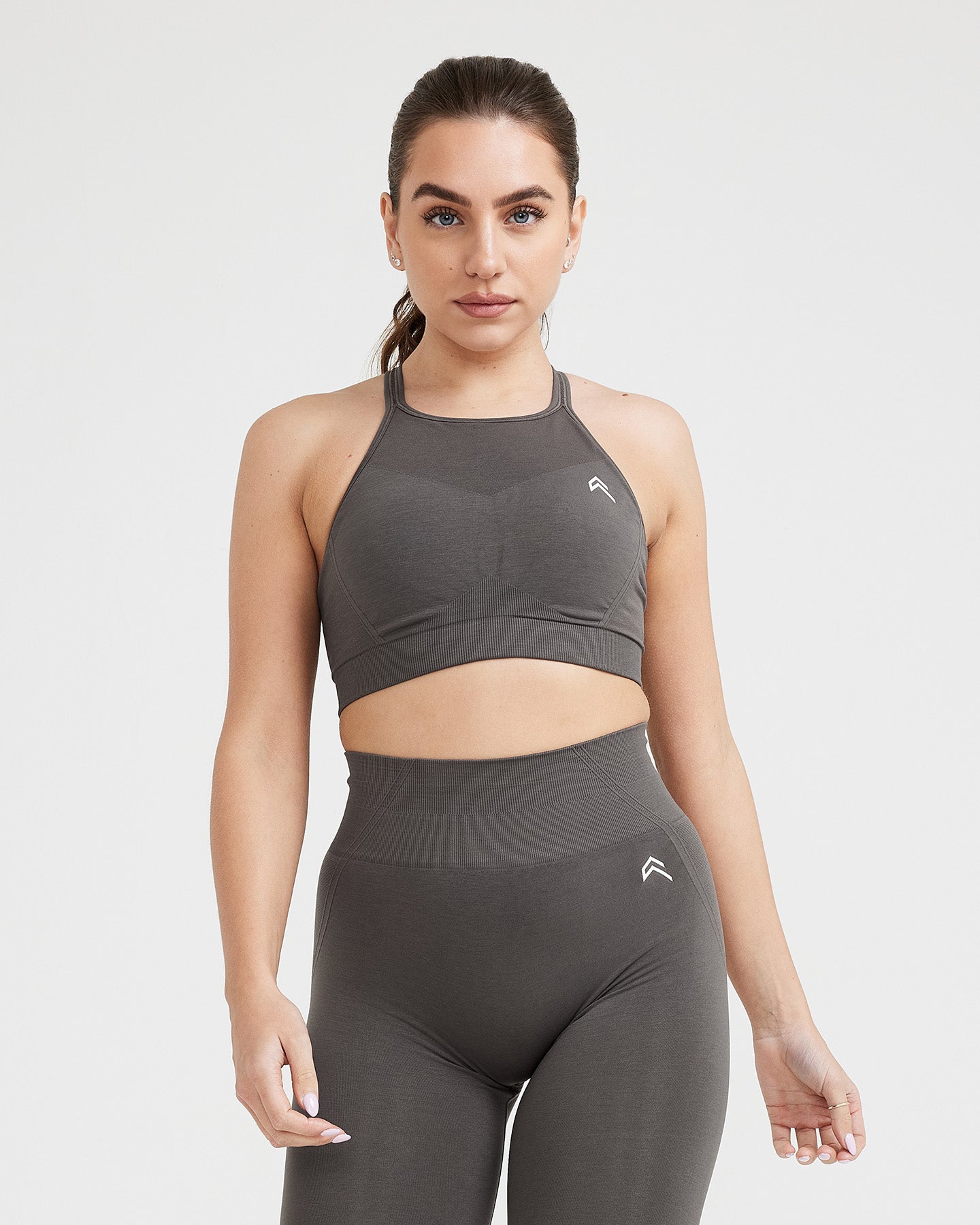 EffortlessLift Seamless High Neck Bralette with White Logo | Deep Taupe