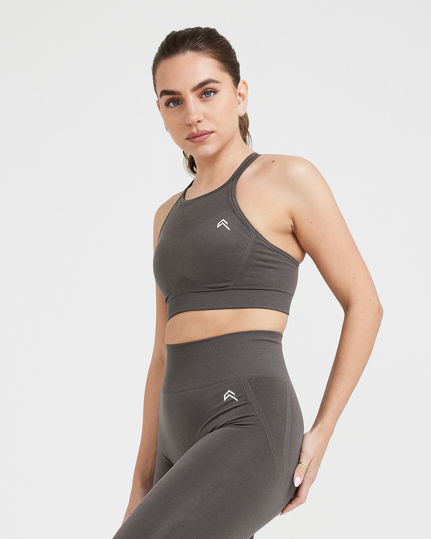 Alternative view of EffortlessLift Seamless High Neck Bralette with White Logo | Deep Taupe