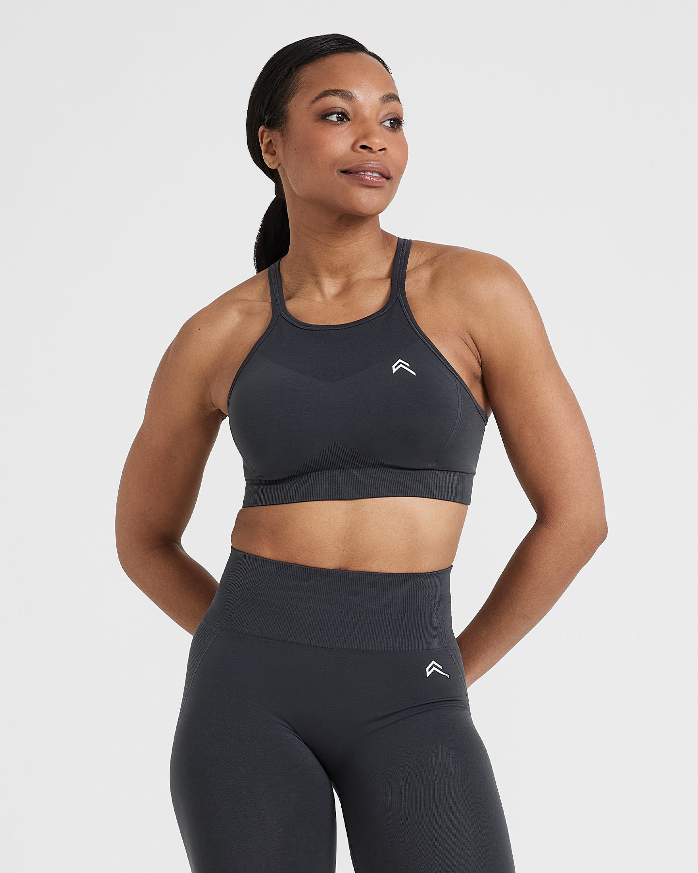 EffortlessLift Seamless High Neck Bralette with White Logo | Coal