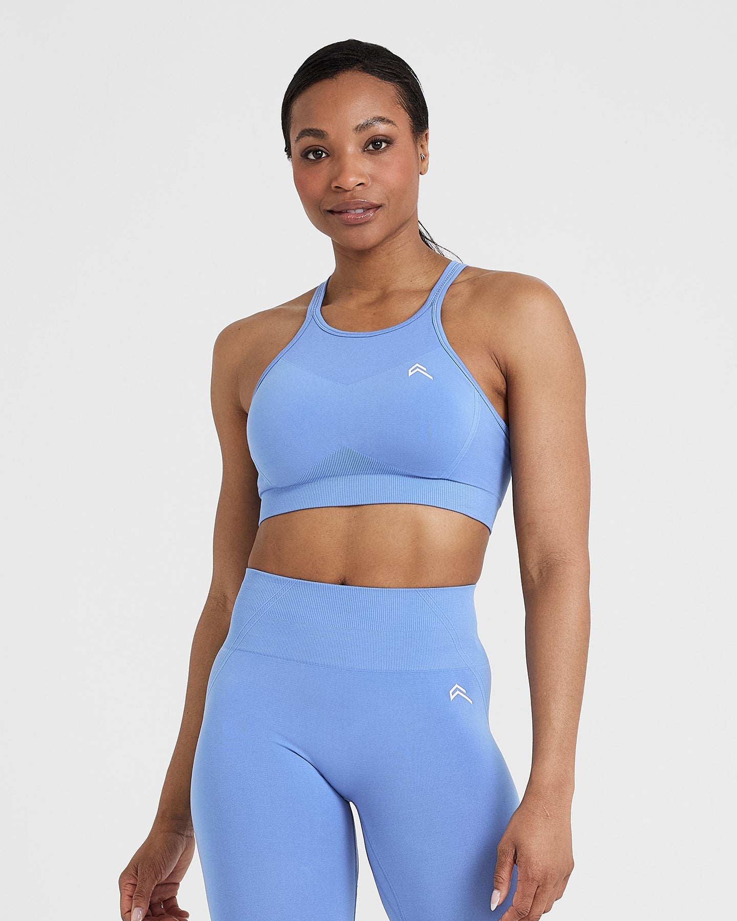 EffortlessLift Seamless High Neck Bralette with White Logo | Light Denim