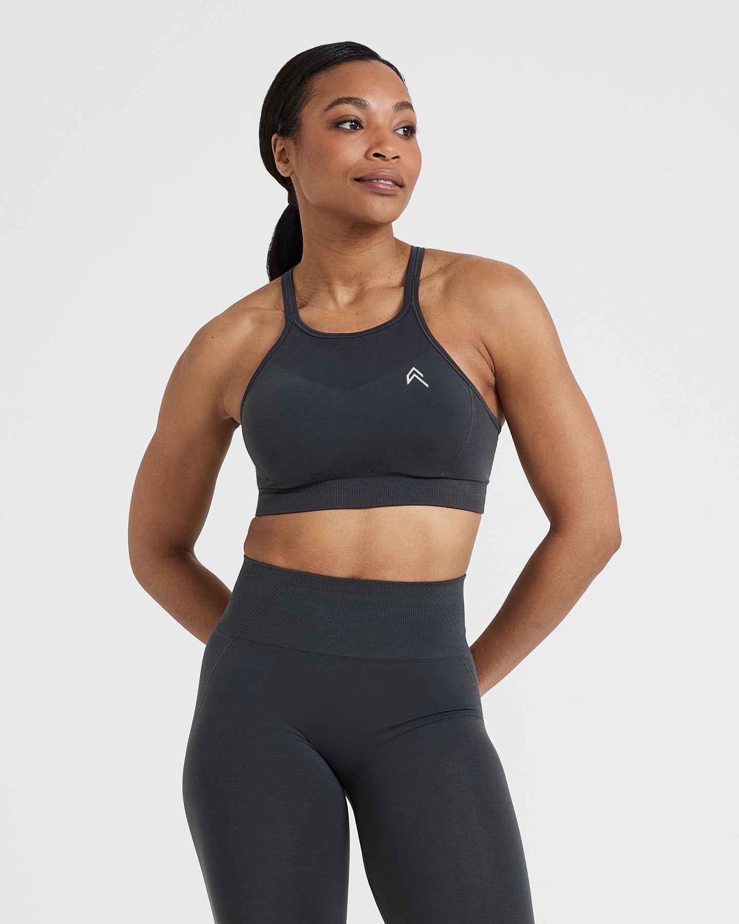 EffortlessLift Seamless High Neck Bralette with White Logo | Coal