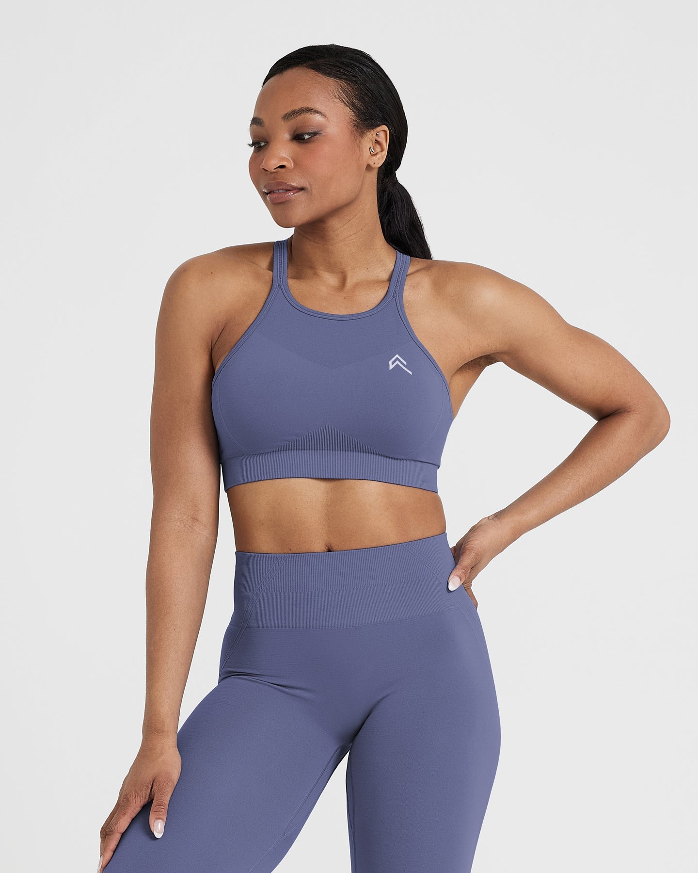 EffortlessLift Seamless High Neck Bralette with White Logo | Slate Blue