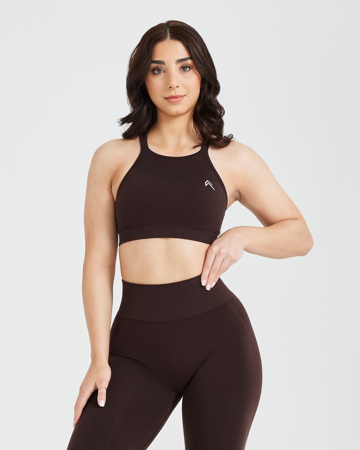 EffortlessLift Seamless High Neck Bralette with White Logo | 70% Cocoa