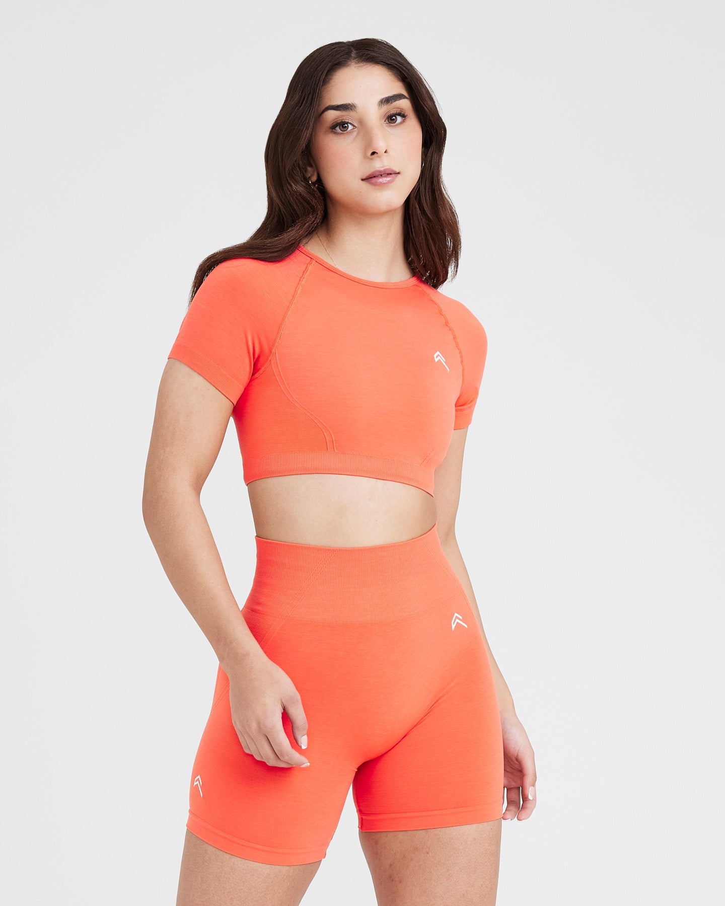 EffortlessLift Seamless Short Sleeve Crop Top with White Logo | Peach Blossom
