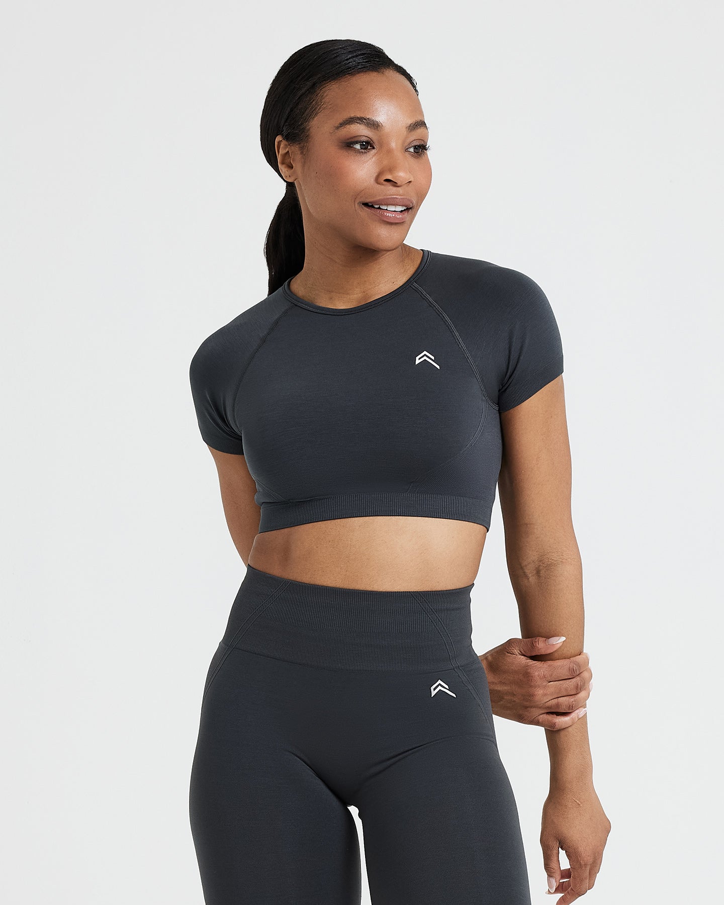 EffortlessLift Seamless Short Sleeve Crop Top with White Logo | Coal