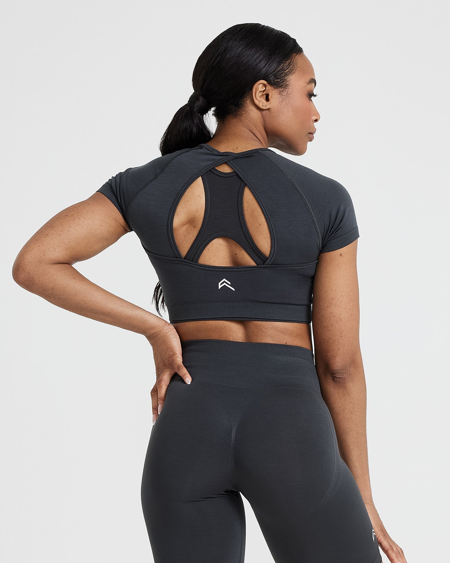 EffortlessLift Seamless Short Sleeve Crop Top with White Logo | Coal - Image 2