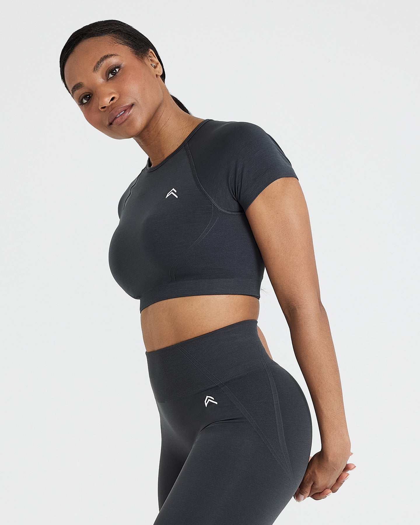 EffortlessLift Seamless Short Sleeve Crop Top with White Logo | Coal - Image 3