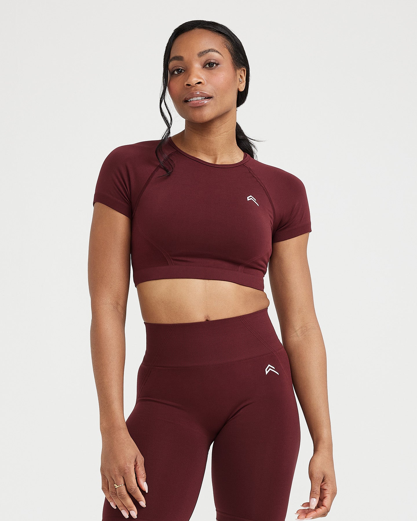 EffortlessLift Seamless Short Sleeve Crop Top with White Logo | Rosewood