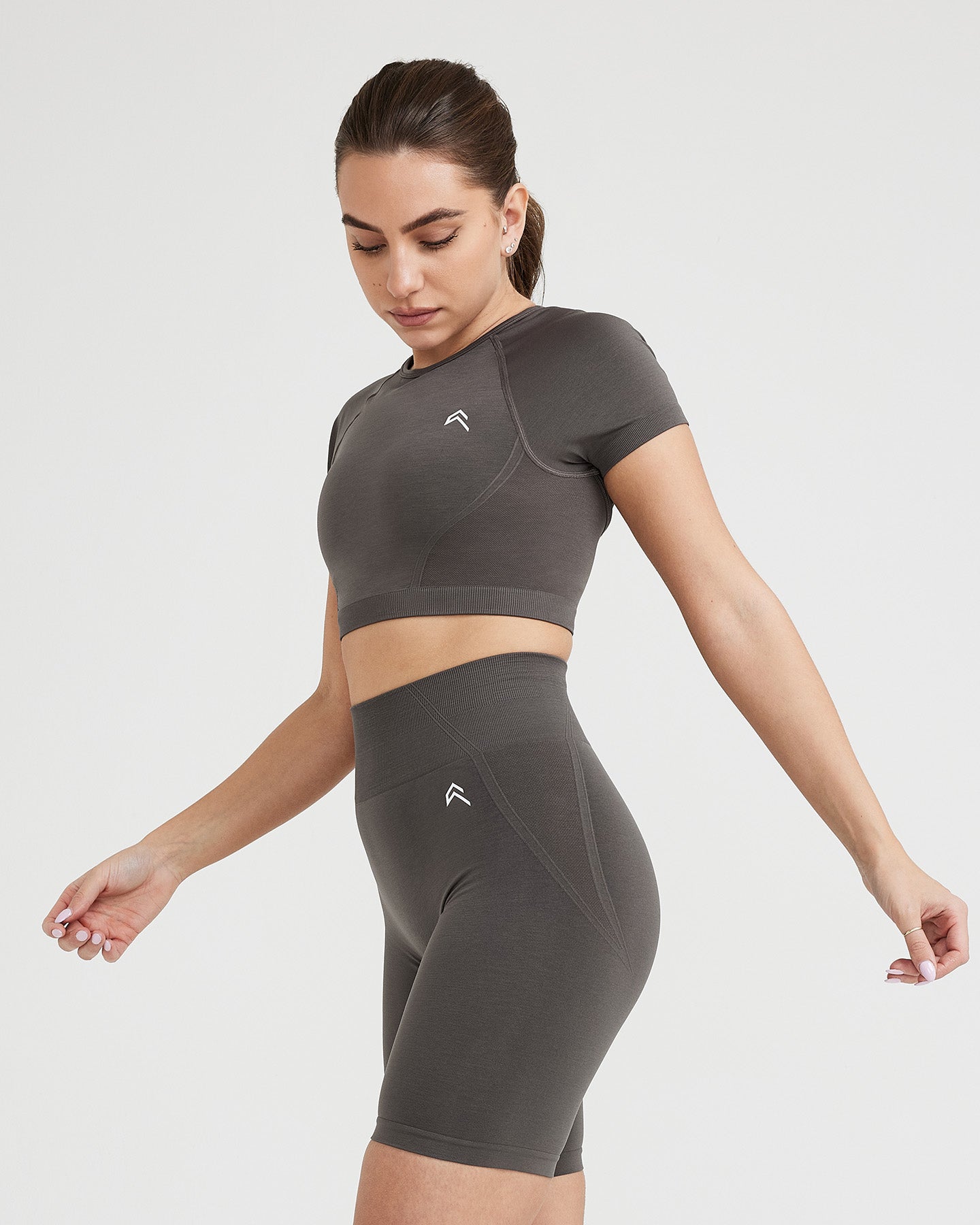 EffortlessLift Seamless Short Sleeve Crop Top with White Logo | Deep Taupe - Image 2