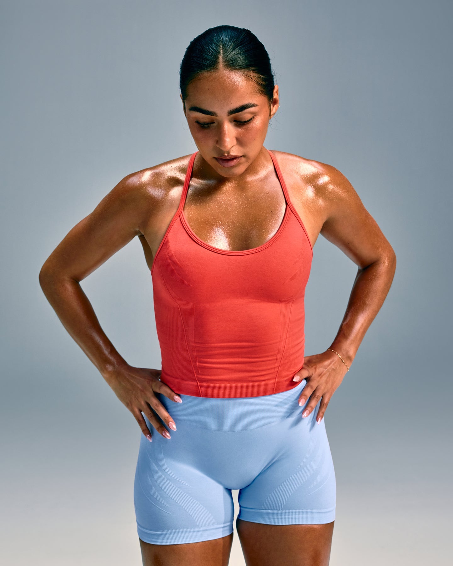 Alternative view of EnhanceLift Seamless Strappy Racer Vest with Built in Bra Shelf with Grey Logo | Dark Charged Coral