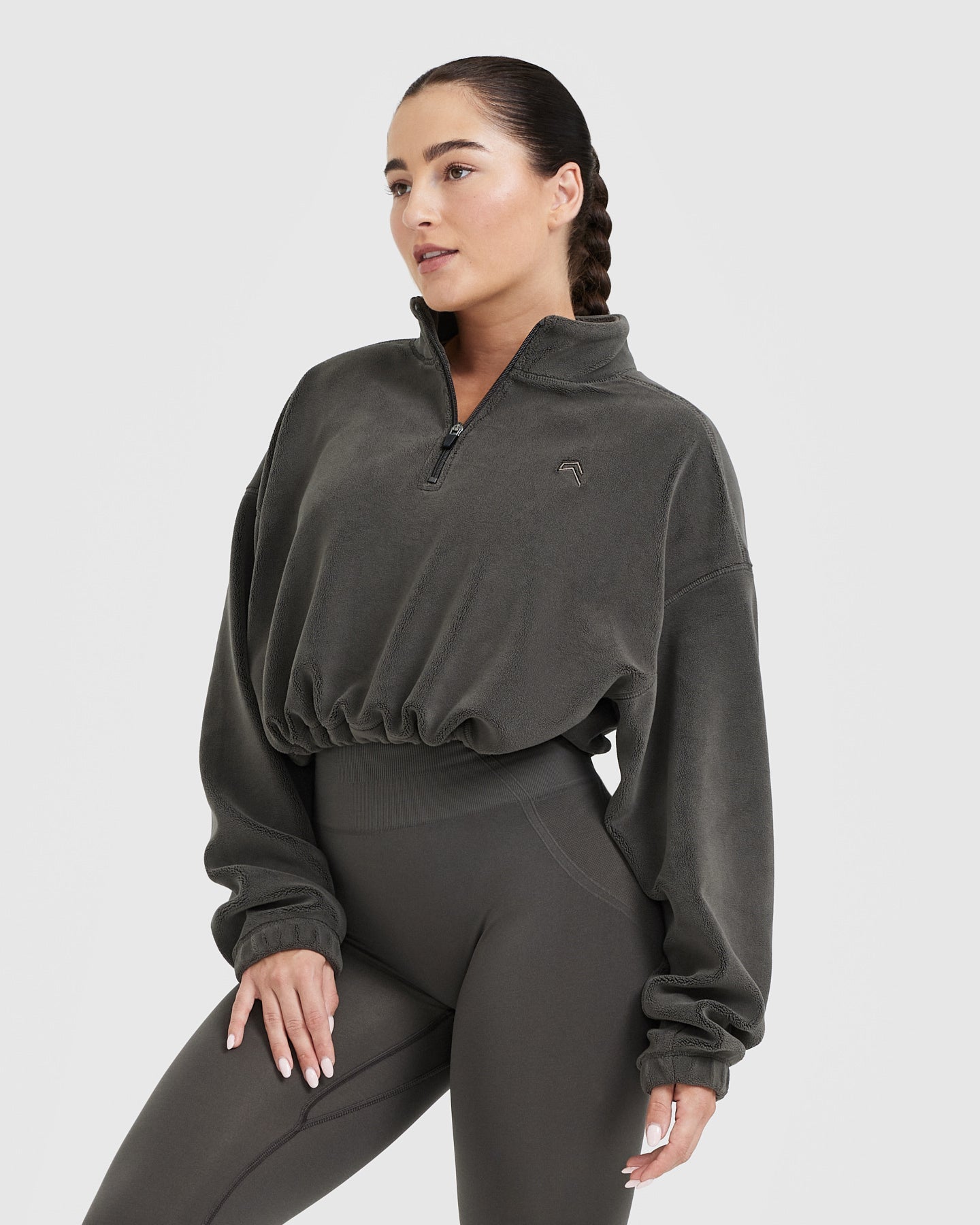 Fleece Oversized Crop 1/2 Zip Sweatshirt | Deep Taupe - Image 3
