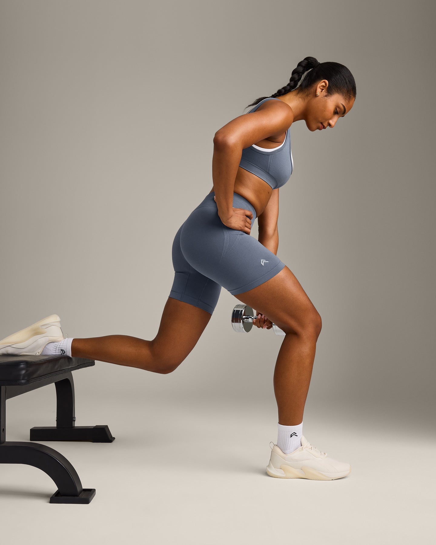EffortlessLift Seamless Mid Rise Shorts with Grey Logo | Light Granite Blue - Image 3