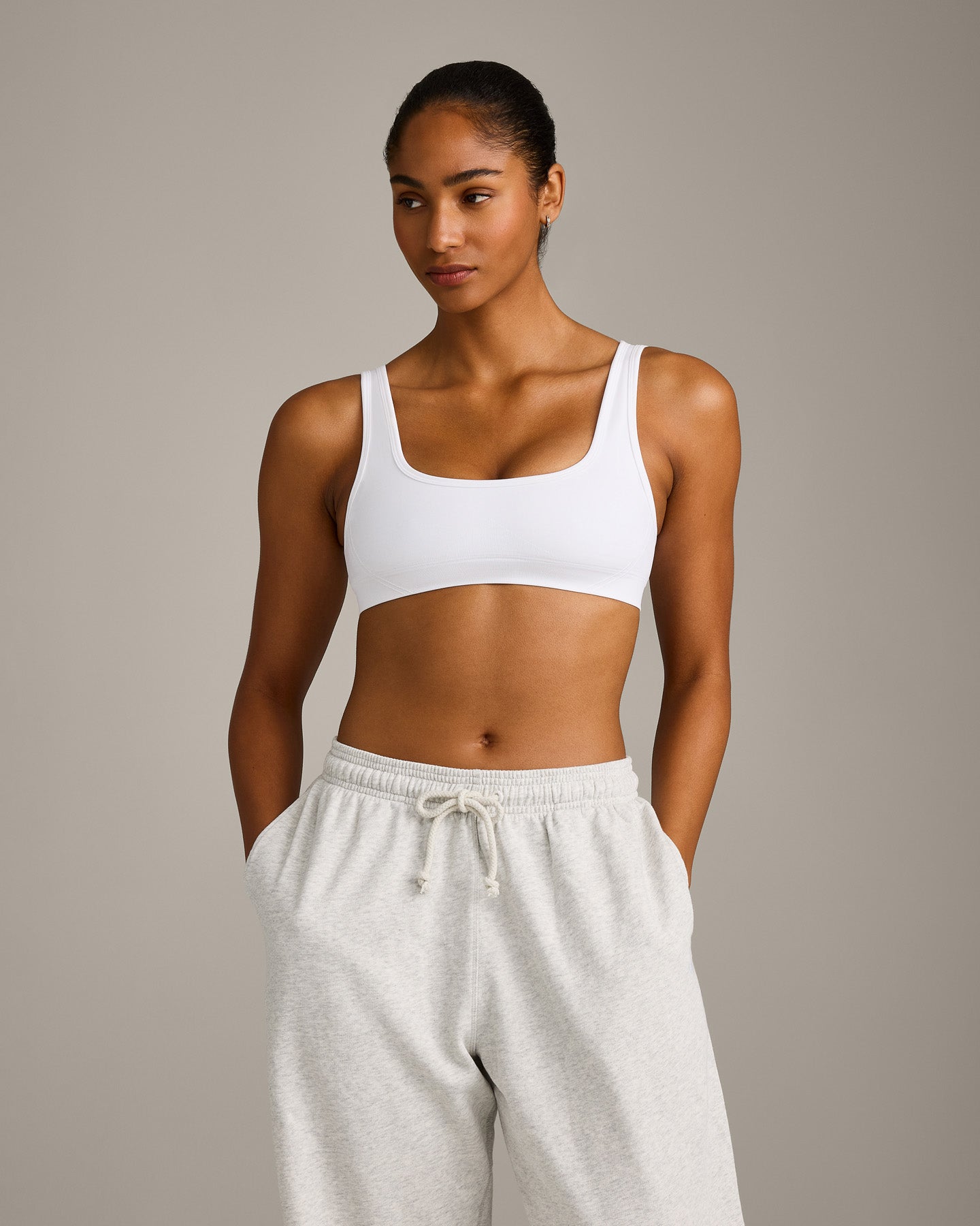 EffortlessLift Square Neck Sports Bra with Grey Logo | White