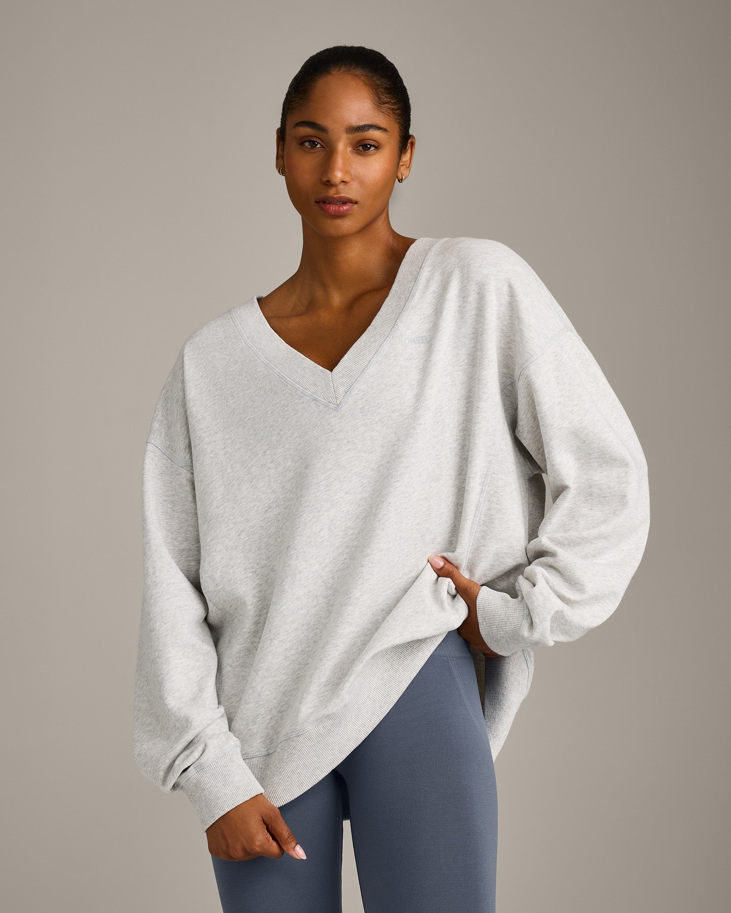 Cotton Vintage Lounge V Neck Sweatshirt | Light Grey Marl