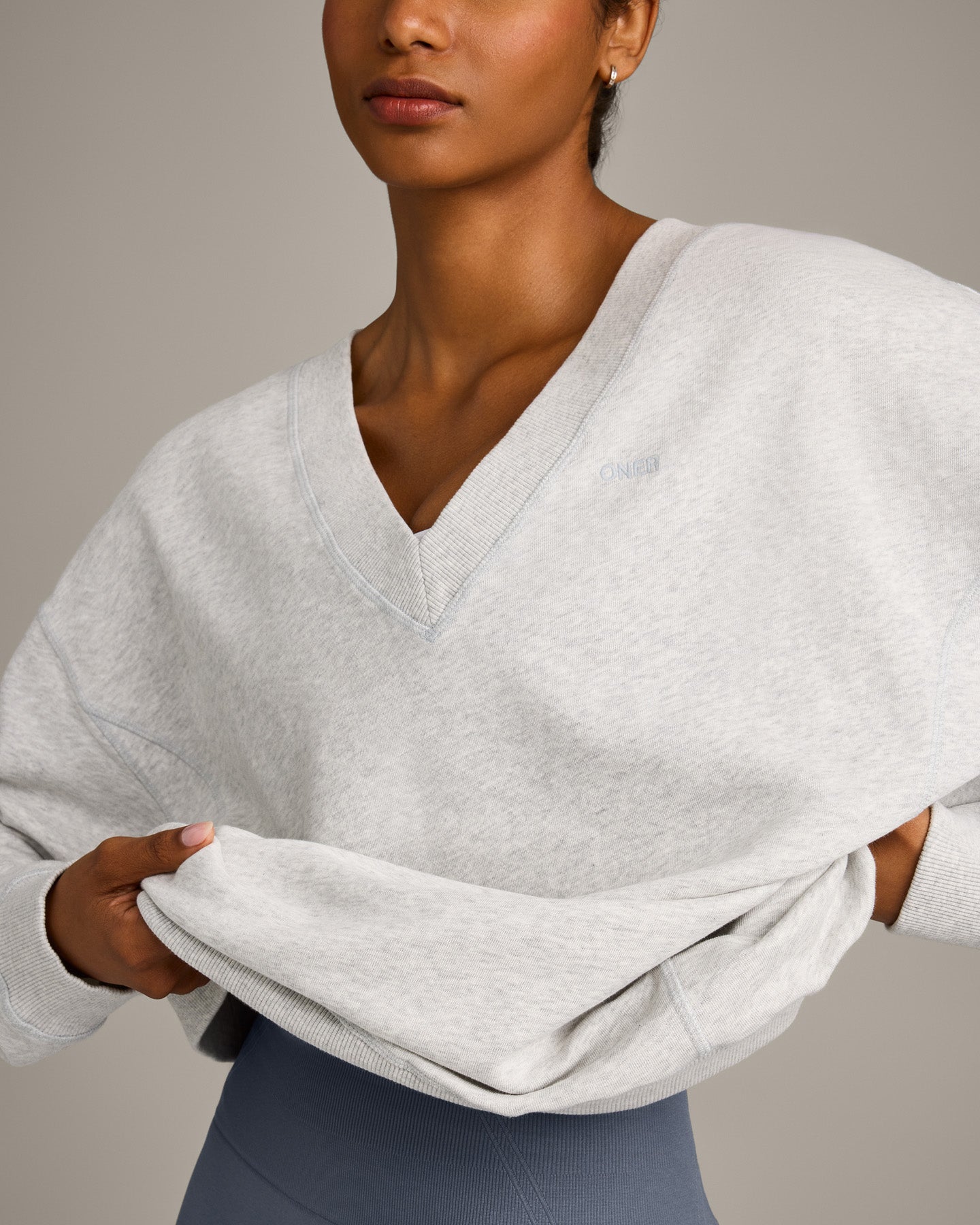 Alternative view of Cotton Vintage Lounge V Neck Sweatshirt | Light Grey Marl